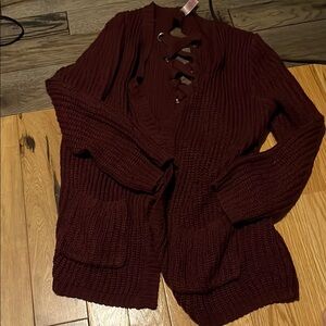 Burgundy Knit Cardigan with Lace-Up Detail